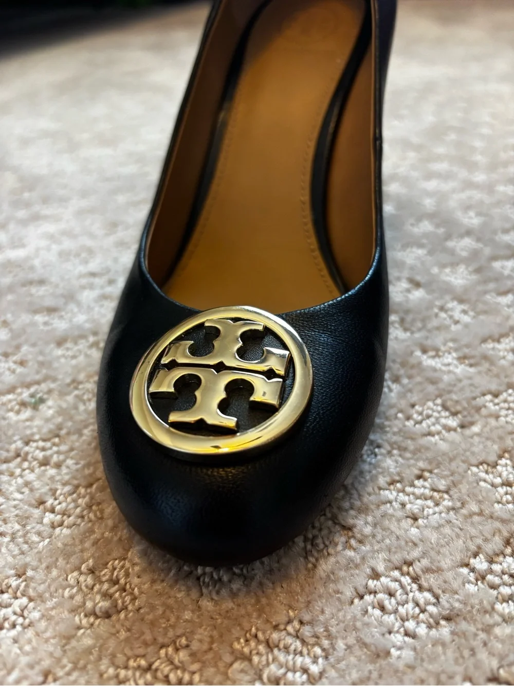 Tory Burch Black Leather Closed Toe Wedge with Gold Logo Disc size 7